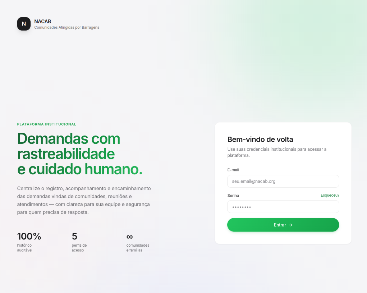 Preview da plataforma NACAB - gestão de demandas